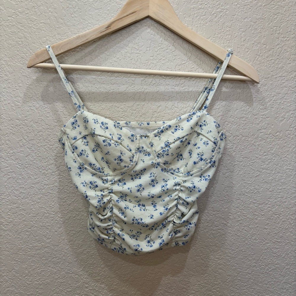 Ditsy Floral Print Ruched Cami Top in Cream Small Boho Whimsigoth Farmhouse